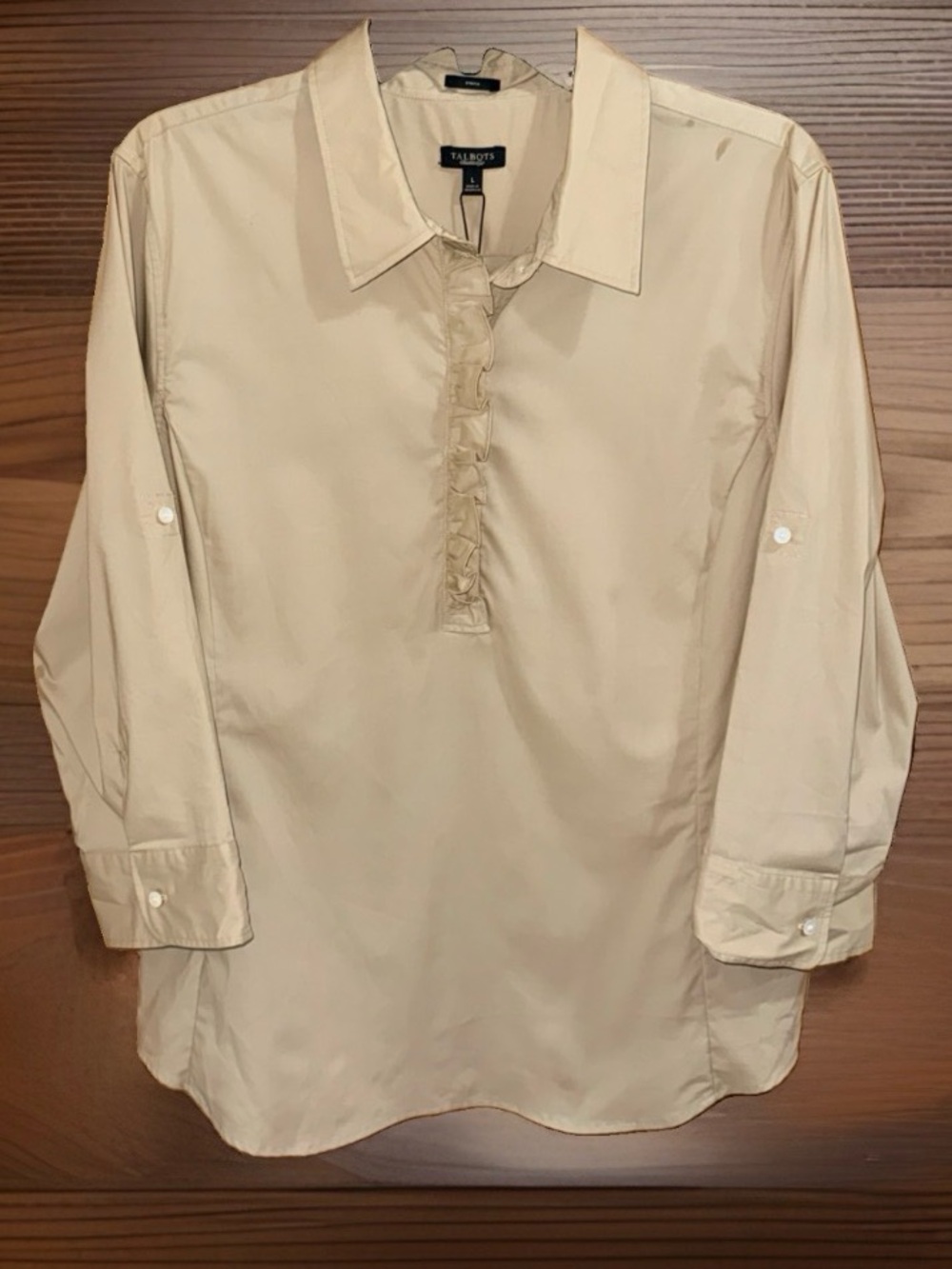 NWT Talbots Khaki Ruffle-Placket Stretch 3/4 Button-Down Shirt-L